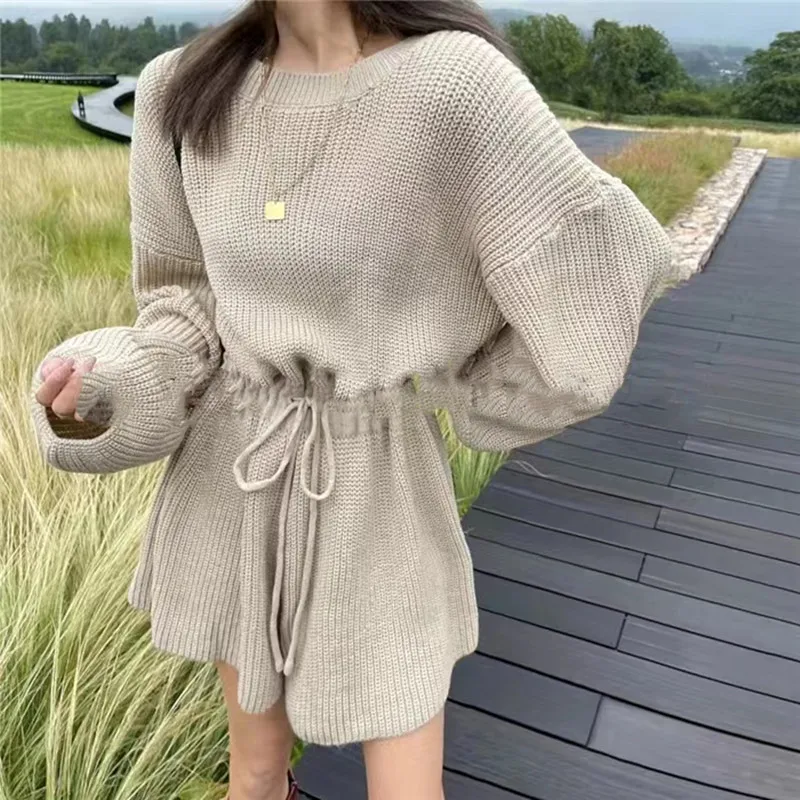 Autumn New Women's Clothing Women's Solid Color Long-sleeved Sweater Jumpsuit Fashion Casual Drawstring Lace-up Knitwear