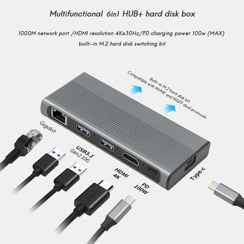 SSD Enclosure USB HUB 6 in 1 TypeC USB 3.0 Hub USB Type C to HDMI