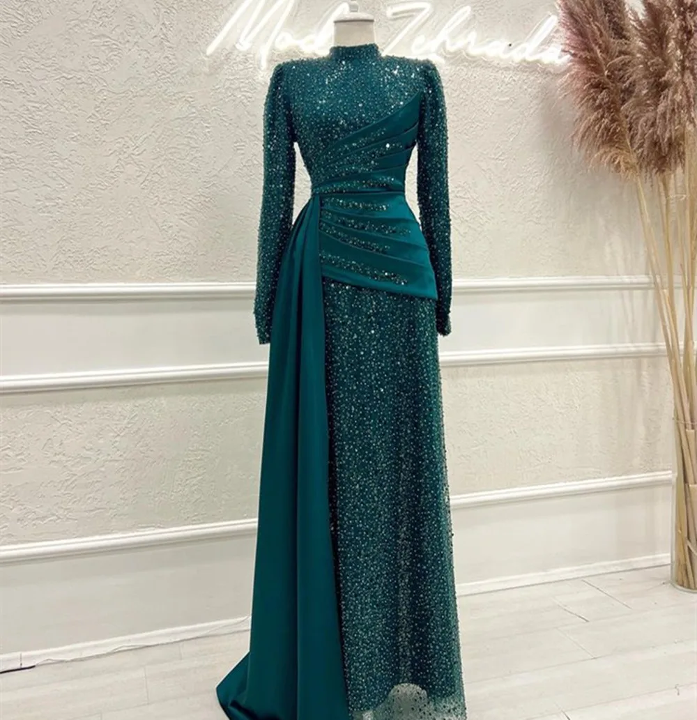 

Hunter Green Evening Dresses Long Sleeves Modest Muslim Women Formal Prom Gowns Isreal Beads Met Gala Party Dresses Outfits