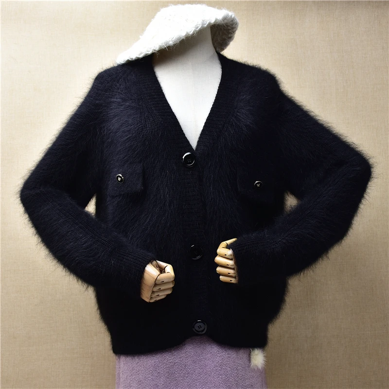 

Женская осенне-зимняя одежда, черный пушистый шерстяной вязаный кардиган из ангорской шерсти с V-образным вырезом и длинными рукавами, свободный свитер из меха норки