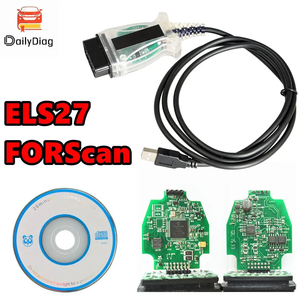 포드 마쓰다 링컨 머큐리용 FTDI 마이크로칩 ELS-27, ELS27 FORScan V2.3.8 OBD2 진단 케이블, 그린 PCB PIC24HJ128GP +