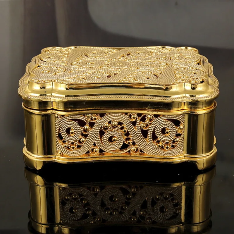 Creative Carved Flower Metal Jewelry Box with Lid Gold Trinket Organizer Square Treasure Box for Ring Christmas Birthday Gift