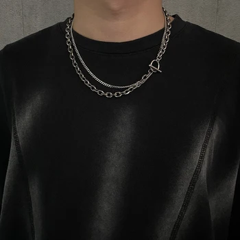 남성용 한 단어 버클 목걸이 체인, 힙합 개성 더블 레이어 스테인레스 스틸 초커 목걸이, 남성 액세서리