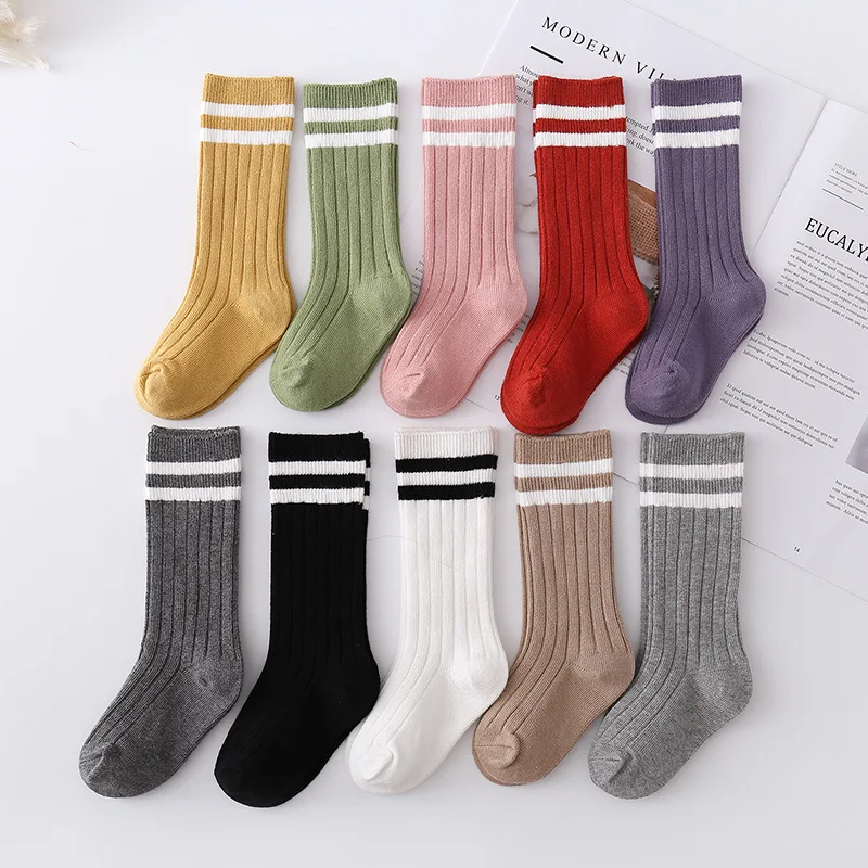 Cotton Baby Boys Girls Knee High Long Socks Classic White Stripes Solid Breathable Double Needle Children School Uniform Socks Kids Socks