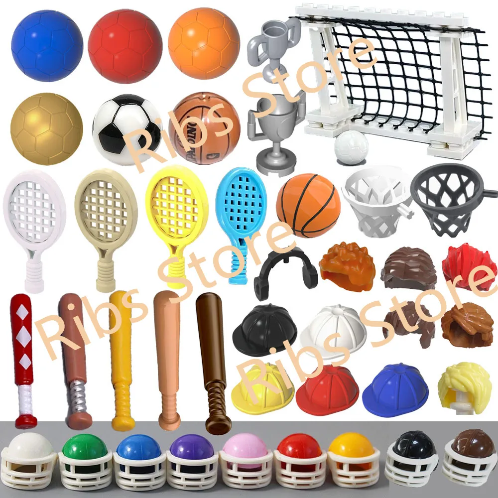 MOC Sport Scene Building Blocks Football Cup Basketball Bat Helmet Badminton Racket Goggle Hairstyle Headphone Trophy Puzzle Toy