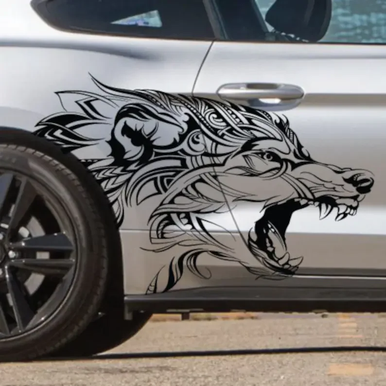 

INCLUDES Both Sides - Mustang Ranger Wolf Coyote Grunge Tattoo Design Tribal Door Bed Side Pickup Vehicle Truck Car Vinyl Graphi
