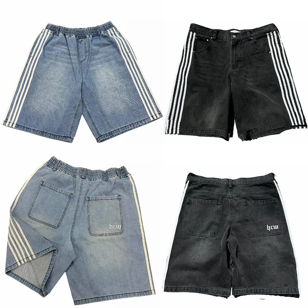 Streetwear HCW Shorts Y2K Jeans Mens Retro Hip Hop Stripes Embroidery Baggy Jeans Denim Gym Short High Waist Casual Short