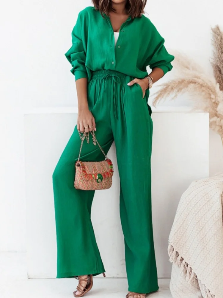 Wmstar Two Piece Set Women Wholesale New Spring 2025 Featuring Fashionable Elegant Solid Color Lapel Shirt High Waisted Trousers
