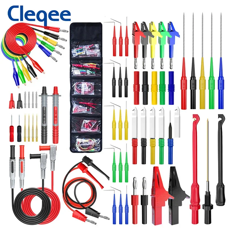 

Cleqee P1957 Multimeter Wire Piercing Probes Test Leads Kit with Puncture Needle 4mm Banana Plug Alligator Clip 64PCS
