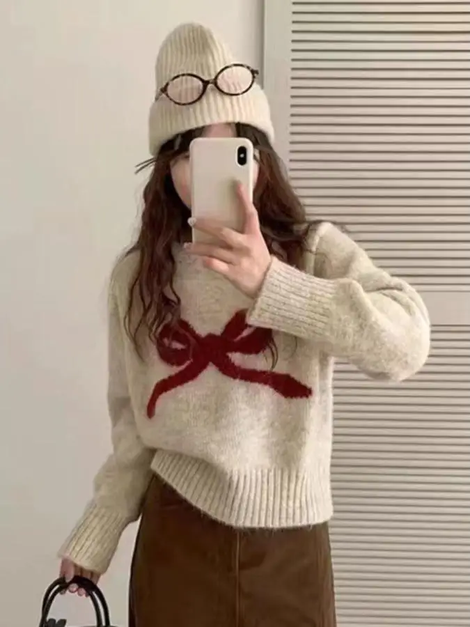 Sweet Spring Autumn Knitted Sweater Women's Overhead Long Sve  Knot Top Korean Sle Small Size Versatile Loose Fit