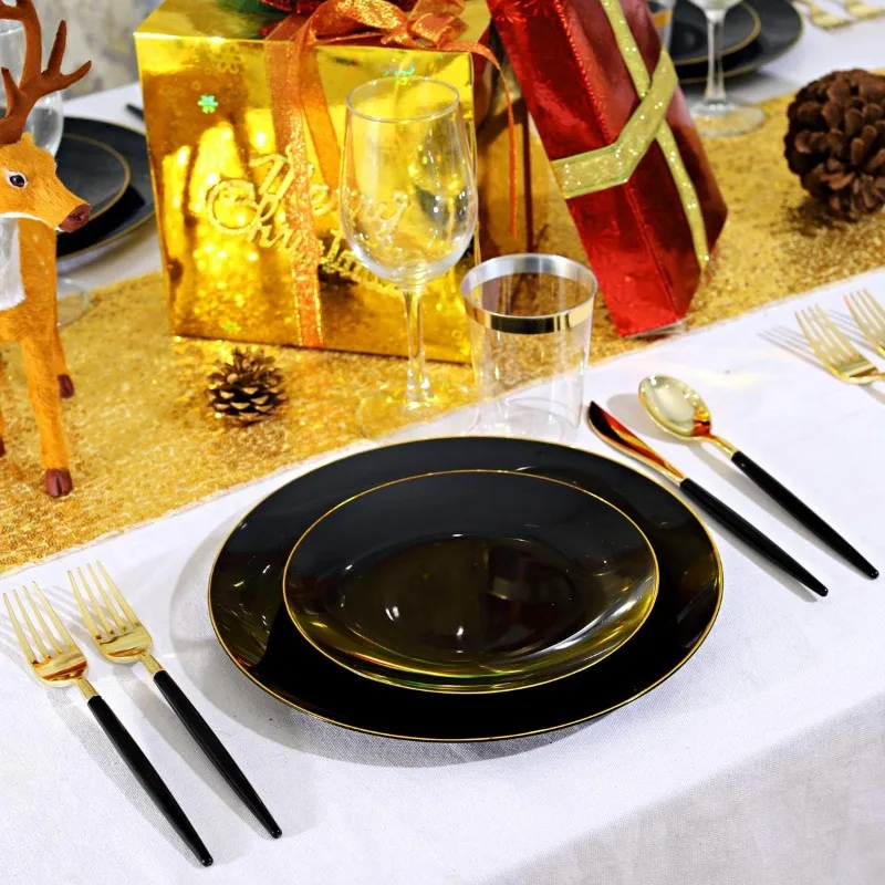 150PCS Black Plastic Plates-Black and Gold Disposable Plates-Premium Heavyweight Gold Plastic Dinnerware