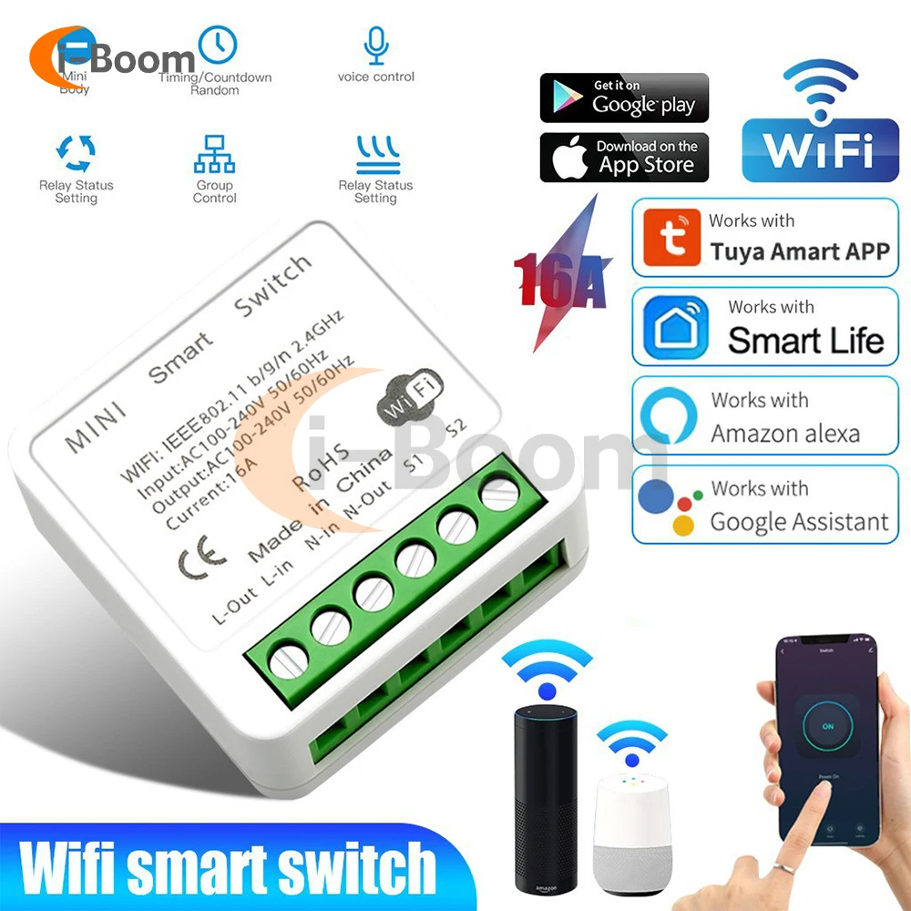 Умный коммутатор Tuya с поддержкой Wi-Fi, 16 А, 100-240 В, 50/60 Гц