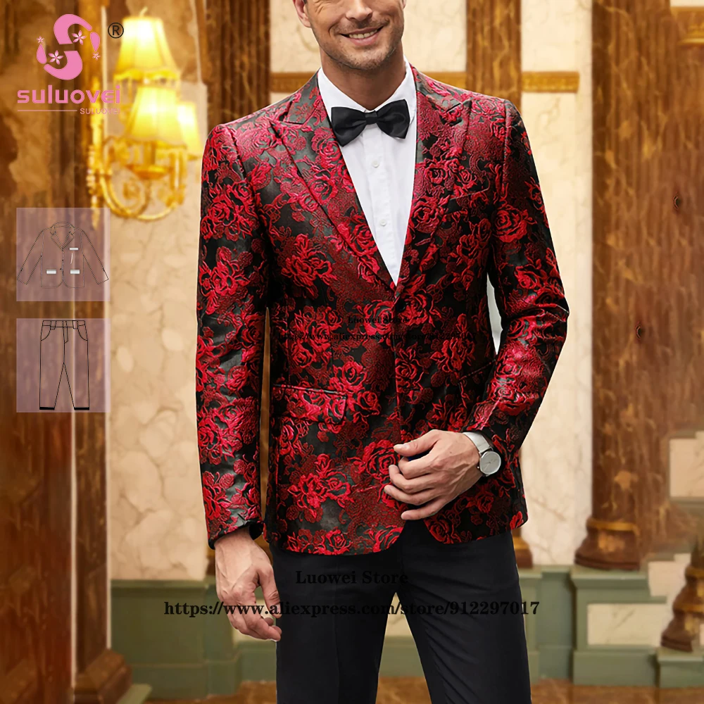 

Luxury Floral Slim Fit Tuxedo Suits For Men Wedding Groom 2 Piece Pants Set Formal Dinner Prom Blazer Costume Homme Pour Mariage