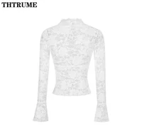 Sexy V-Neck Sheer T-Shirts Fashion Women Flare Long Sleeve Spring Lace Slim Pullovers Tops Casual Evening Party Club Chic Tees 6