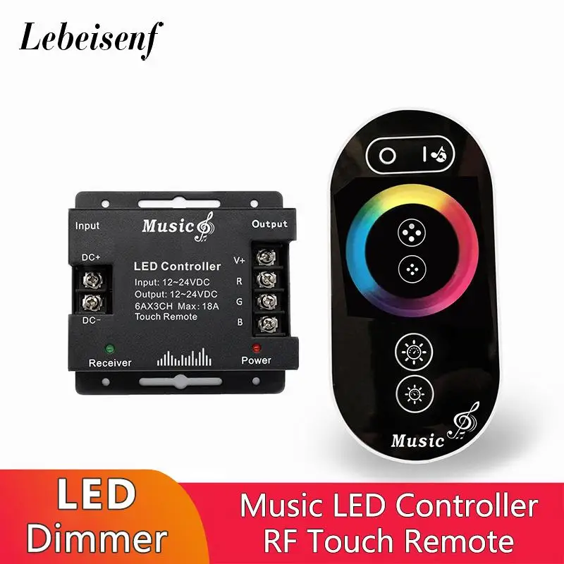 RGB Music Controller 12V 24V 18A 3-Way PWM Signal RF Wireless Full Touch Dimmer Remote for 5050 2835 Colorful LED Strip Light