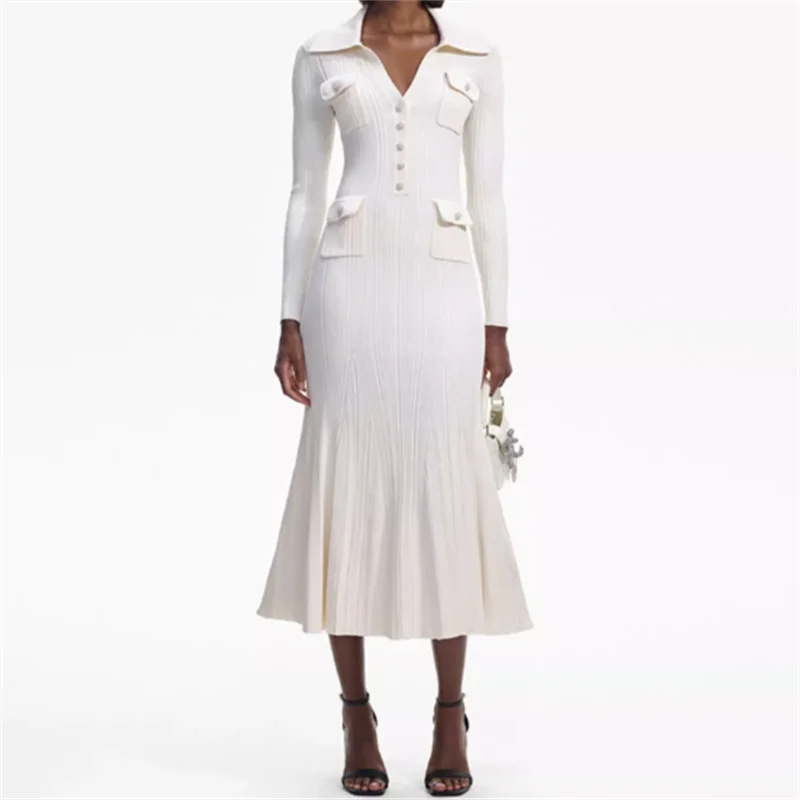 

Элегантные платья для женщин, Новинка лета 2024, Длинные эластичные вязаные облегающие платья с множеством карманов и юбкой-годе, вечерние платья