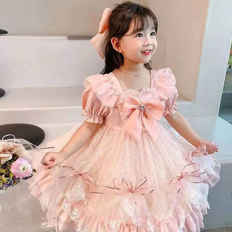 Birthday Party Lolita Dress Girls Kids Summer Lace Pink Long&Short Sleeve Dress Cute Princess Doll Teen For Girls