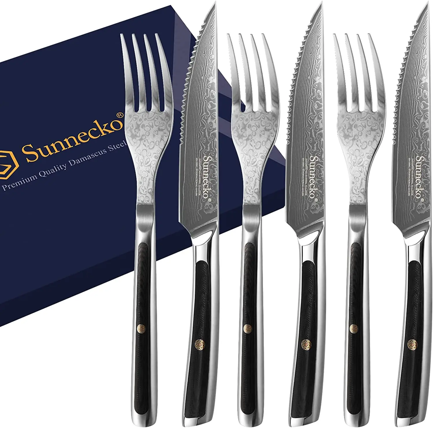 

Sunnecko Forks and Steak Knives Set High Carbon VG10 Damascus Steel Table Meat Slicing Knife Ultra Sharp Tableware Cutlery Tool