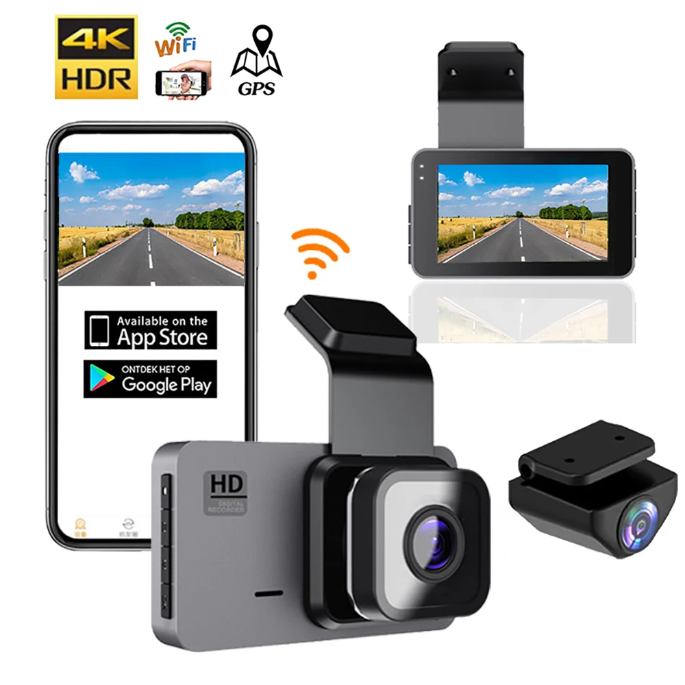 

4K HDR Dash Cam WiFi GPS Car DVR Ultra HD 2160P+1080P Front and Rear View Camera Drive Video Recorder Black Box Night Vision