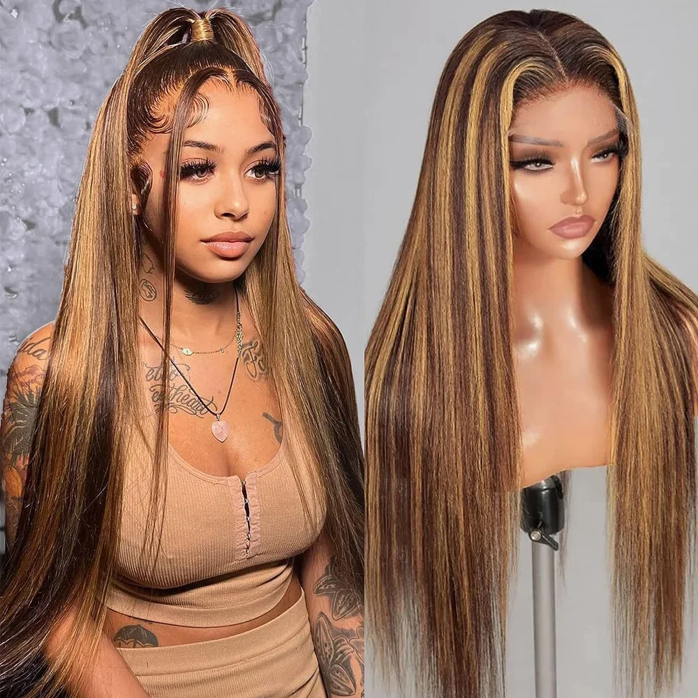 

34inch 250% 4/27 Highlight Ombre Honey Blonde 13x4 Lace Front Wigs For Women Pre Plucked Bone Straight 13x6 HD Lace Frontal Wig