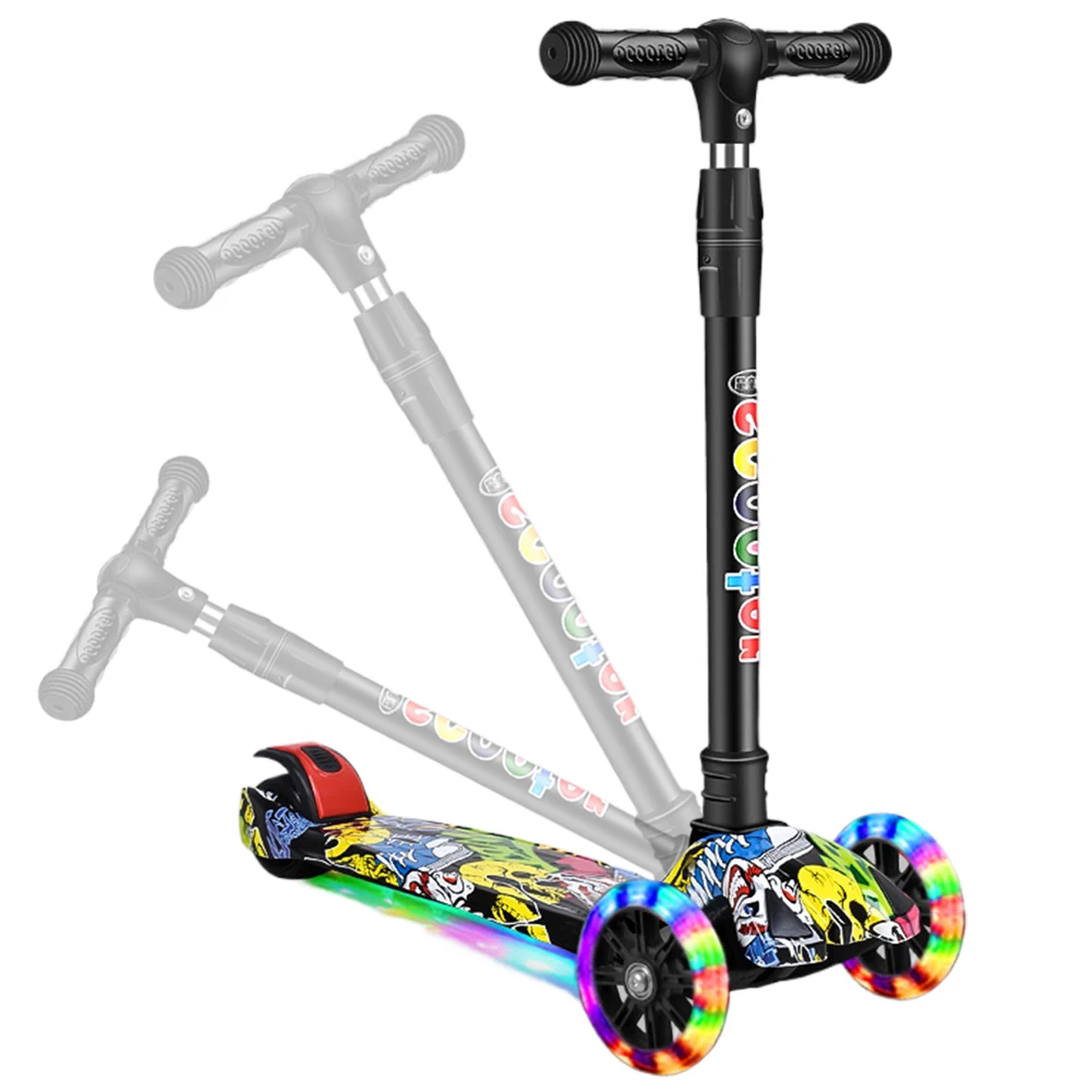 Foldable Kick Scooter Light-Up Wheels 3 Wheel Scooter Adjustable Height Kids Push Non-Slip Deck for Kids Ages 2-10