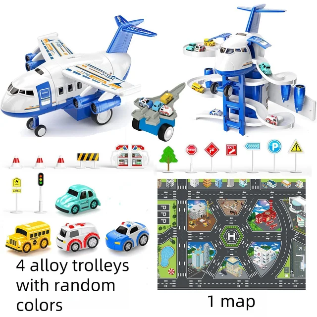 Children's 2-in-1 Transforming Aircraft Track Toy Car with Storage Garage Parking Game Set Includes 14 Road Signs 4 City Engines 5