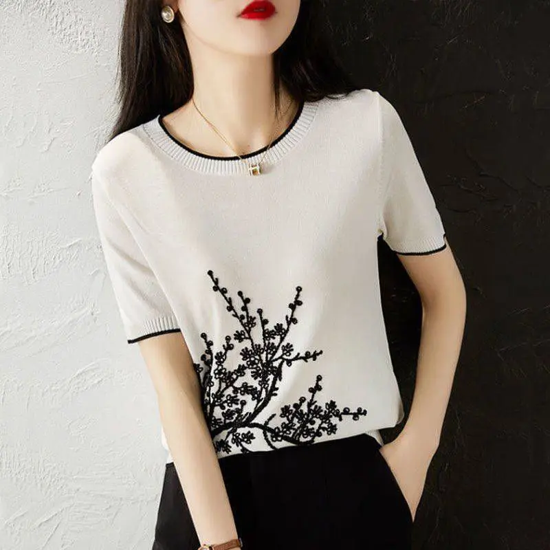 

Flower Print Women T Shirt Short Sleeve O Neck Loose Women Tshirt Ladies Tee Shirt Tops Knitting Female 2024 News S98