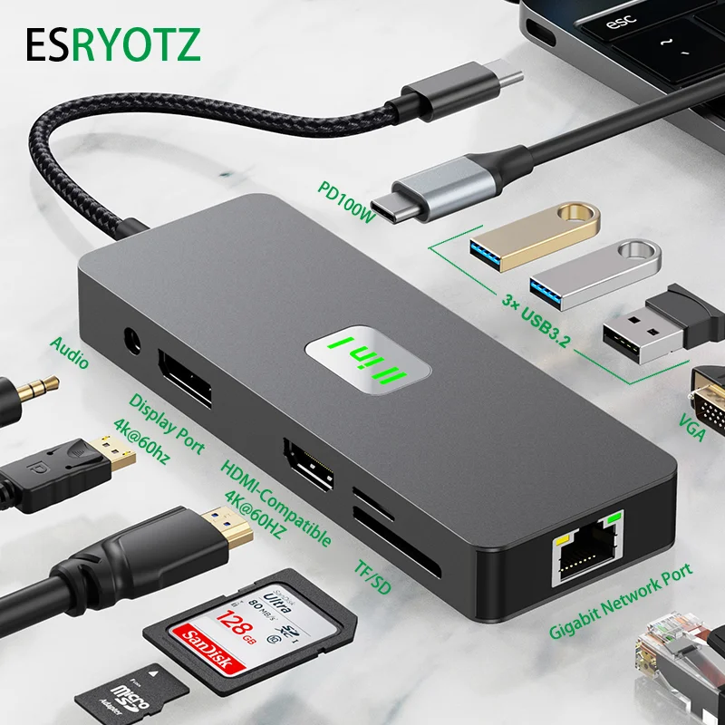 노트북용 멀티 포트 C타입 허브, 4k HDMI 호환 USB C 허브, USB 3.2, PD100W, TF, SD, 11 인 1 기가비트 LAN, 맥북용, 10 개