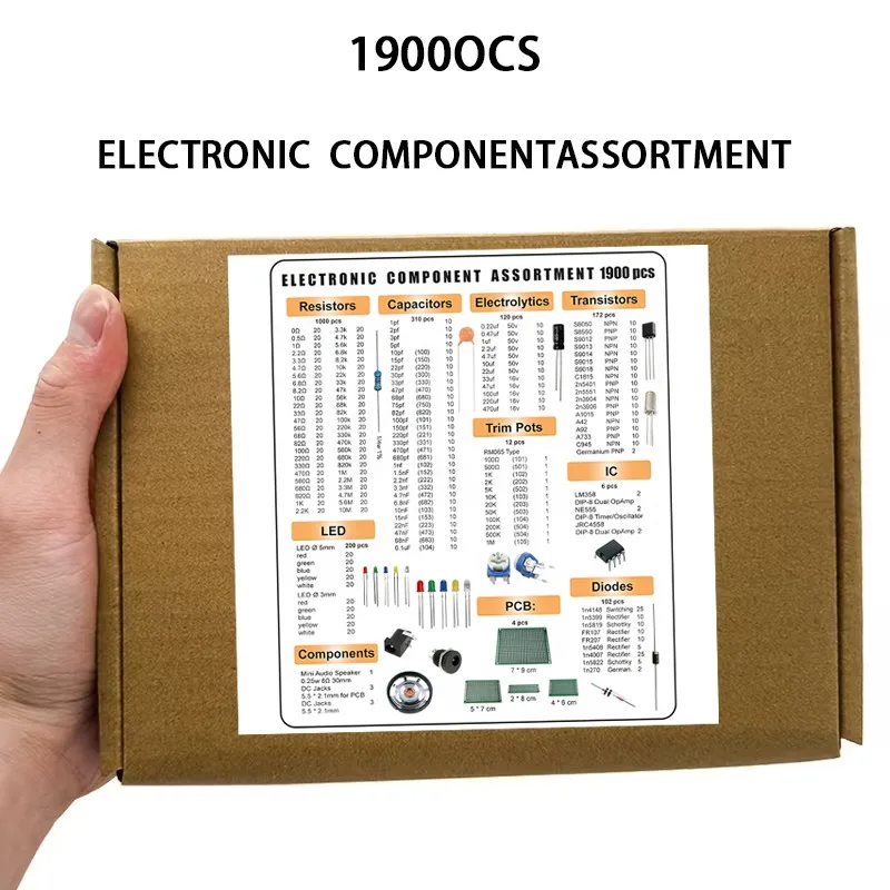 Kit assortimento di 1900 componenti elettronici, condensatori, resistori, diodi, LED, transistor, connettore di alimentazione DC, scheda PCB - immagine 3