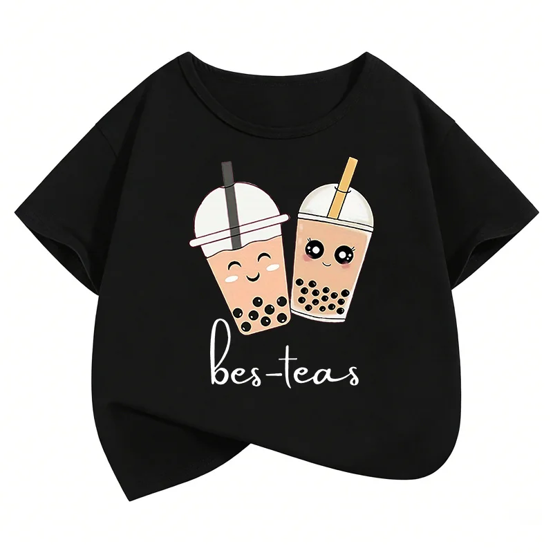 Whimsical Kawaii Tea Party Kids' Cartoon T-Shirt - Short Sleeve Casual Top