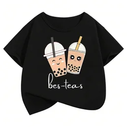 Whimsical Kawaii Tea Party Kids' Cartoon T - Shirt - Short Sleeve Casual Top - 160 (BLACK)