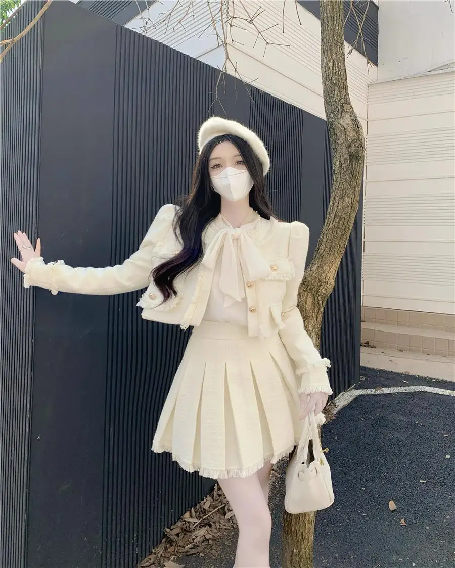 Autumn New French Vintage Tweed Two-Piece Skirt Set Women Short Jacket Coat + Pleated Mini Skirt Suits Korean Luxury Outfits