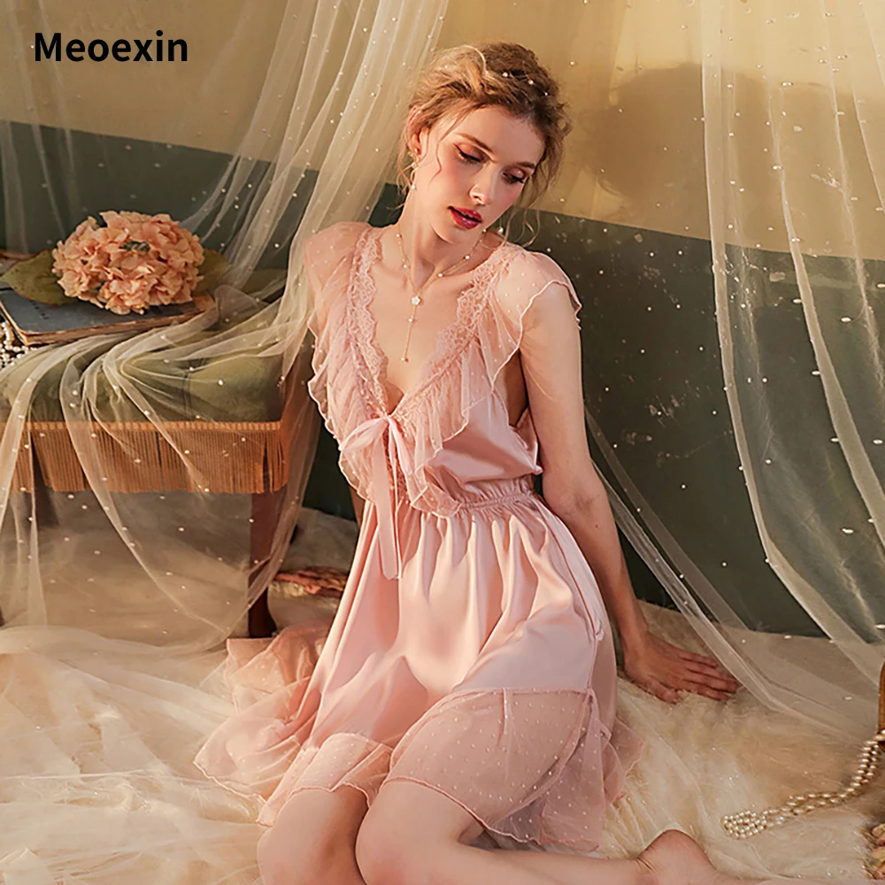 

Sexy Lace Fairy Nightgown Satin Princess Suspended Dress Summer Girl Ice Silk Nightgown Open Back Bow Polka Dot Mesh Sleepshirts
