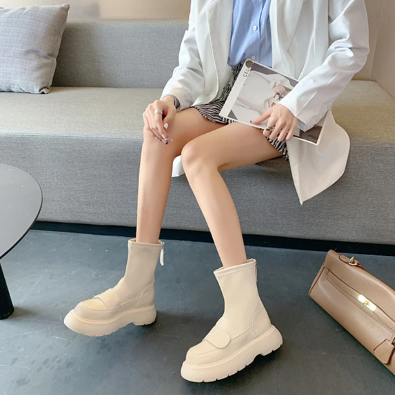 

Женские короткие ботинки на молнии сзади, универсальные высокие сапоги на толстой подошве, мотоциклетные ботинки, весна-осень