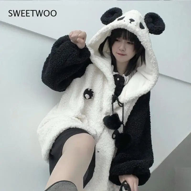 Autumn Winter Kawaii Hoodies Women Japanese Soft Girl Lambswool Cute Panda Ear Oversized Hoodie Preppy Style Button Coat