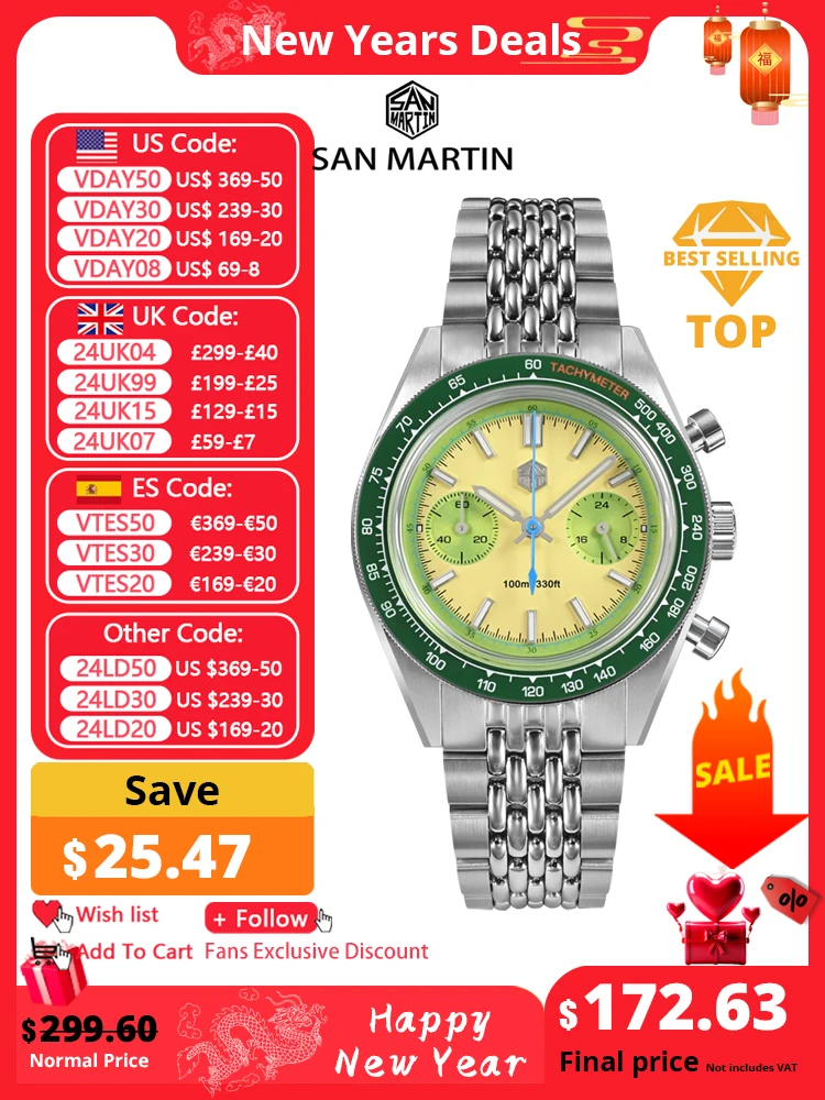 San Martin Nuovo Cronografo Vk64 Orologio Al Quarzo Design Originale 39.5Mm Uomo Sport Business Dress Orologi Impermeabili 100M Sn0116