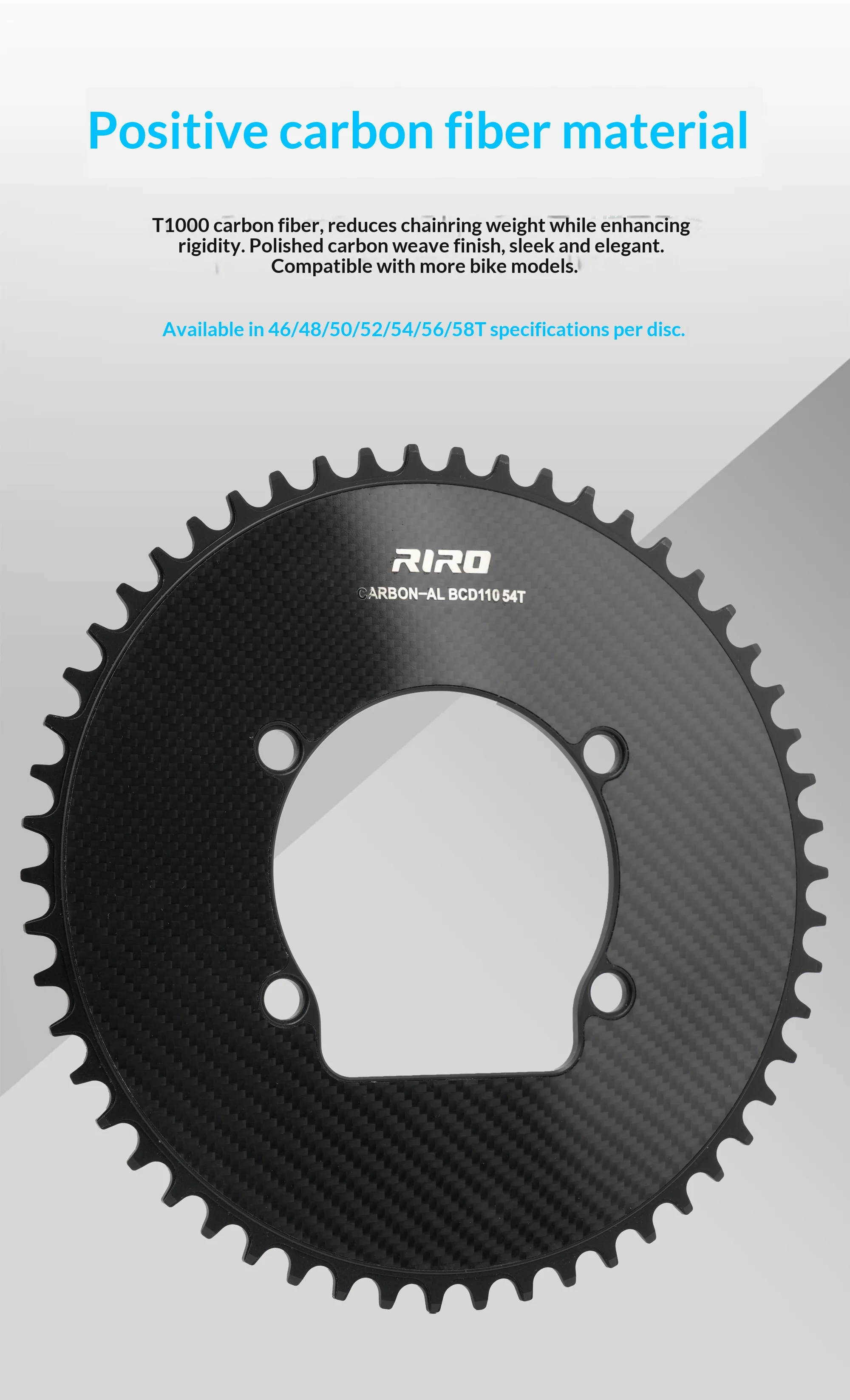 RIRO CFA-S Carbonfaser-Kettenblatt 46/48/50/52/54/56/58T für Shimano 110BCD Rennrad 10-12S Ultraleichtes Einzelkettenblatt – Detail 3