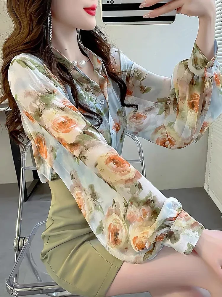 Chiffon Vintage Women's Shirt Summer Prints Blouses Loose Fit Polo-neck Long Sleeve Women Tops Fashion Clothing 2024 Korean