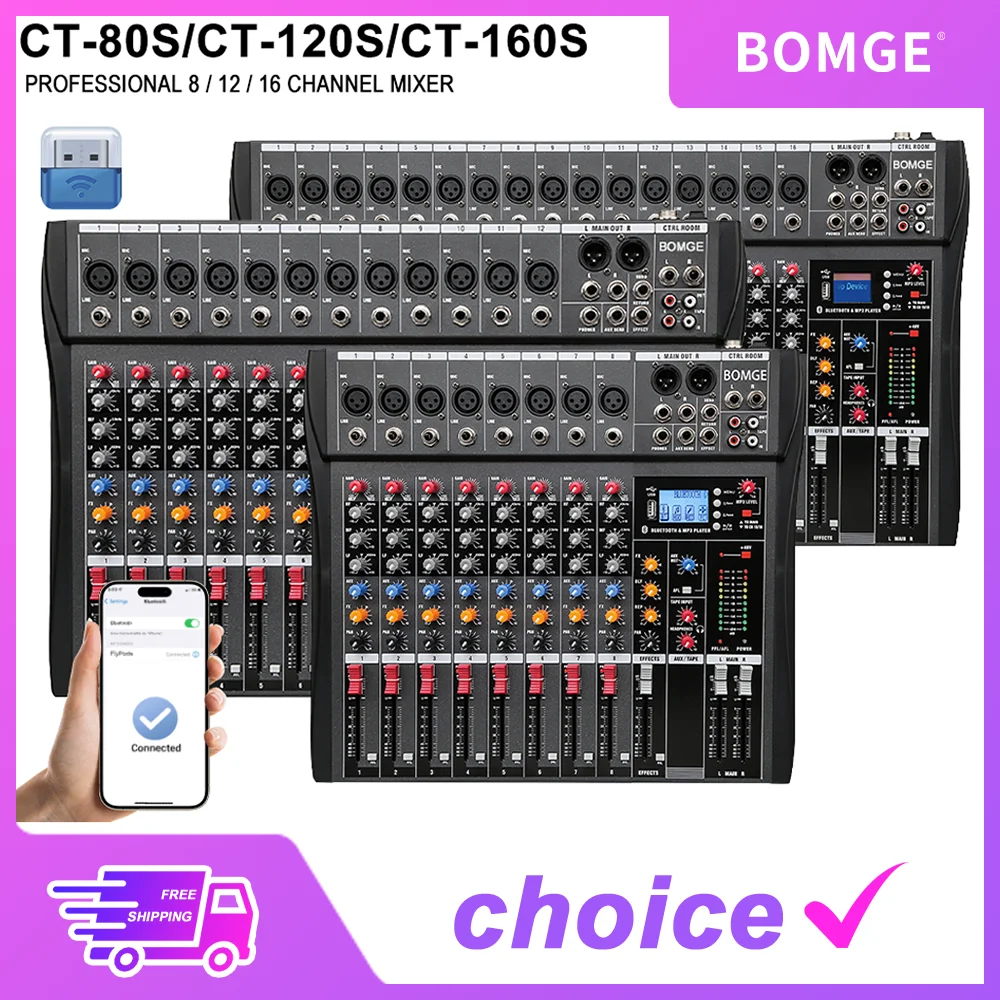 8 12 16Channels DJ Audio Mixer Mixing Console USB Sound card interface 48V for Computer MP3 microphone Recording