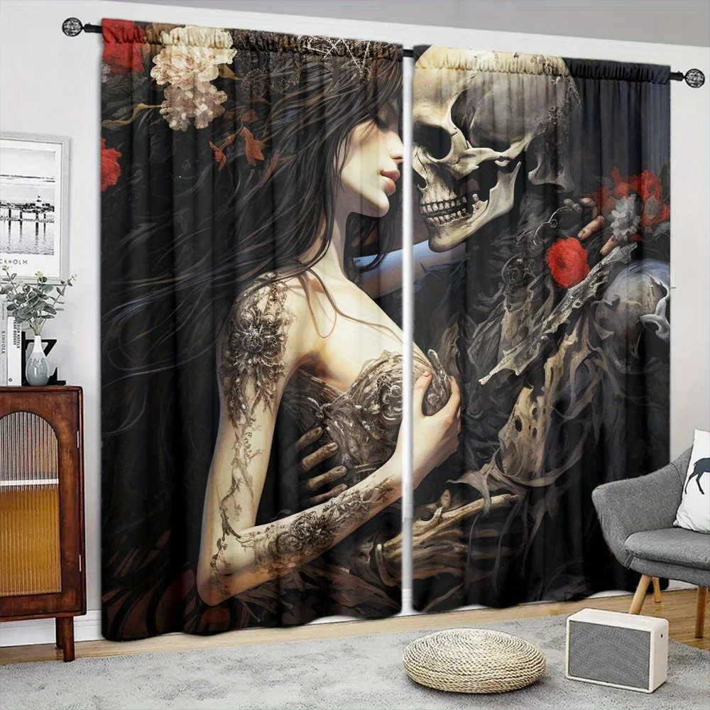 Description Picture 2 of itemCouple Skeleton Art Printed Curtain for Home Decor - Rod Pocket Window Treatment for Bedroom, Kitchen, Living Room