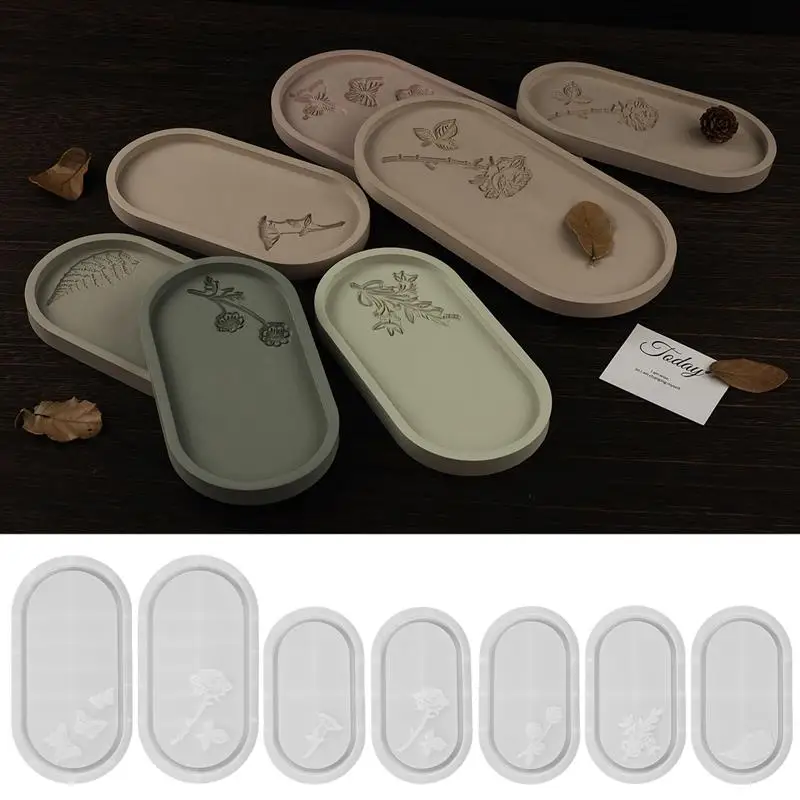 Oval Storage Tray Cement Silicone Molds DIY Rose Flower Butterfly Carving Coaster Mold Resin Concrete Plaster Mould Home Decor