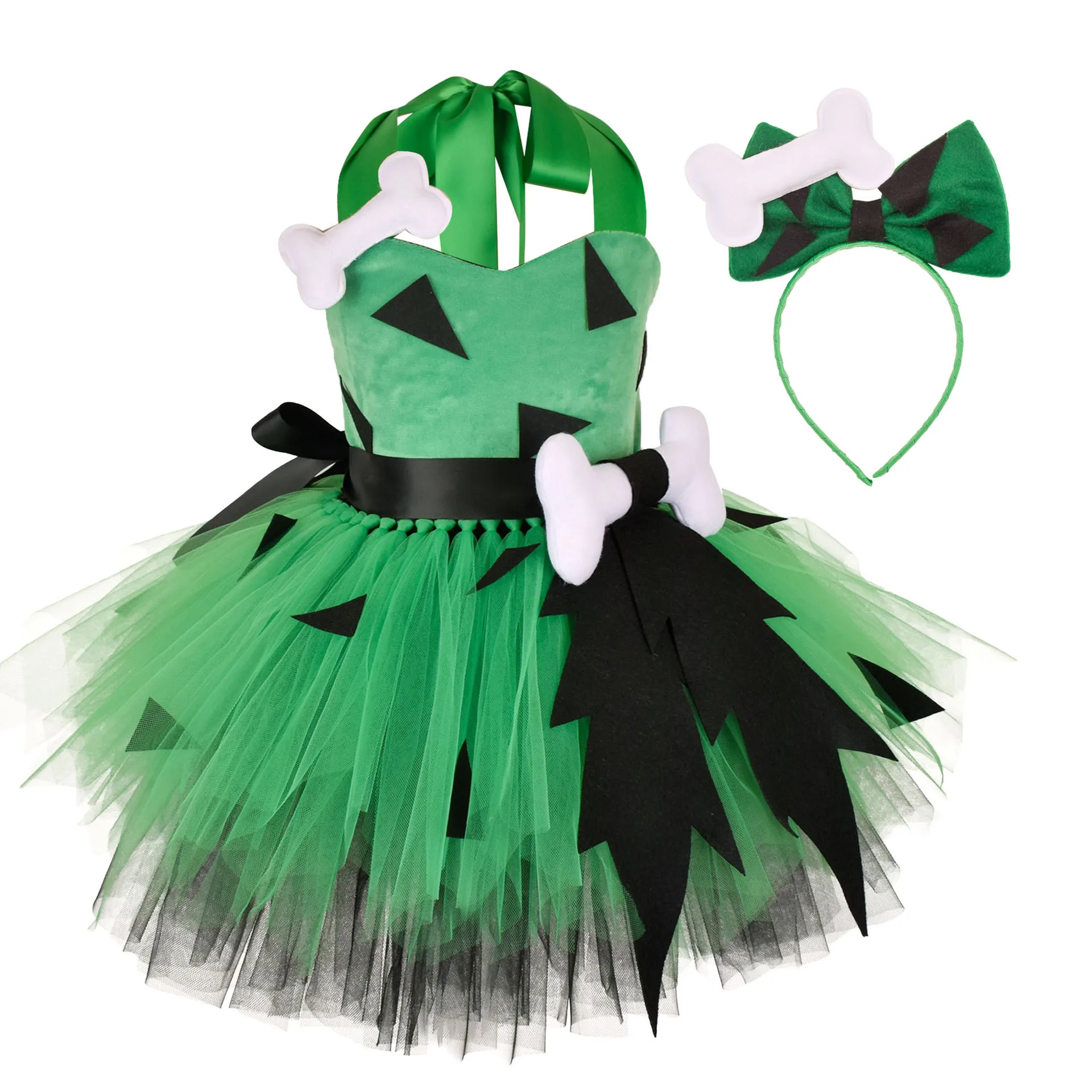 Cosplay Costume Kids Girls Dress Halloween Dress Outfit Baby Halloween Flinstones Pebbles With Hairpin Stage Performance 12Y
