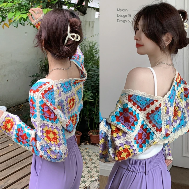 

Women Hollow Crochet Cardigan Colorful Knit Sweater Coat Jacket Long Sleeve Tops