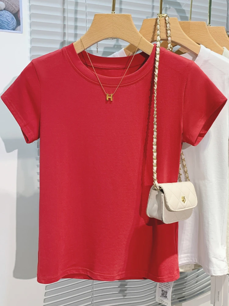 AOSSVIAO 2025 تي شيرت نسائي صيفي 100% قطن قاع أساسي عصري سادة سيدة قصيرة الأكمام بلايز قمصان 6