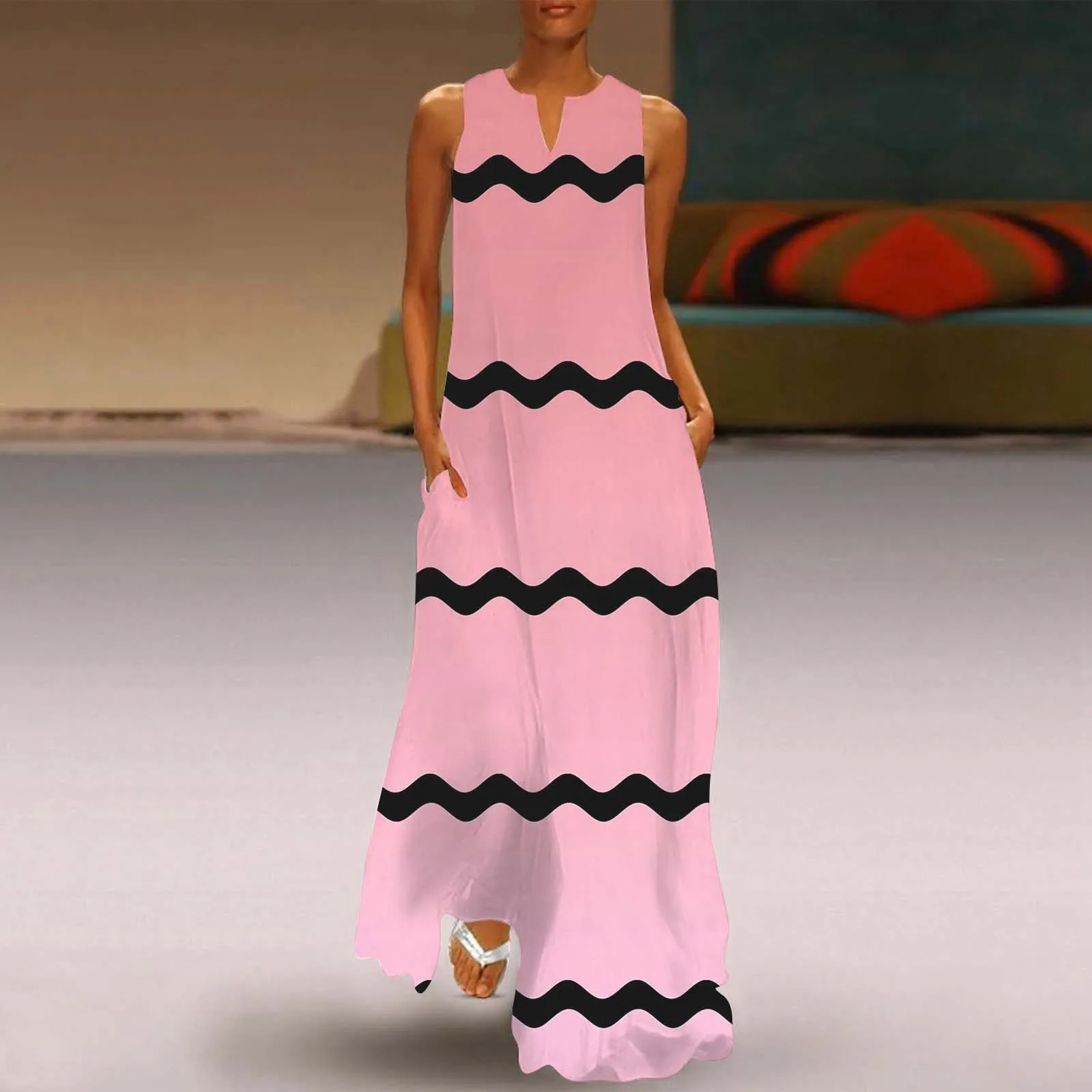 

Women's Casual Stripe Printing V Neck Sleeveless Boho Long Maxi Dress For Beach Vacation Ladies Maxi Dress