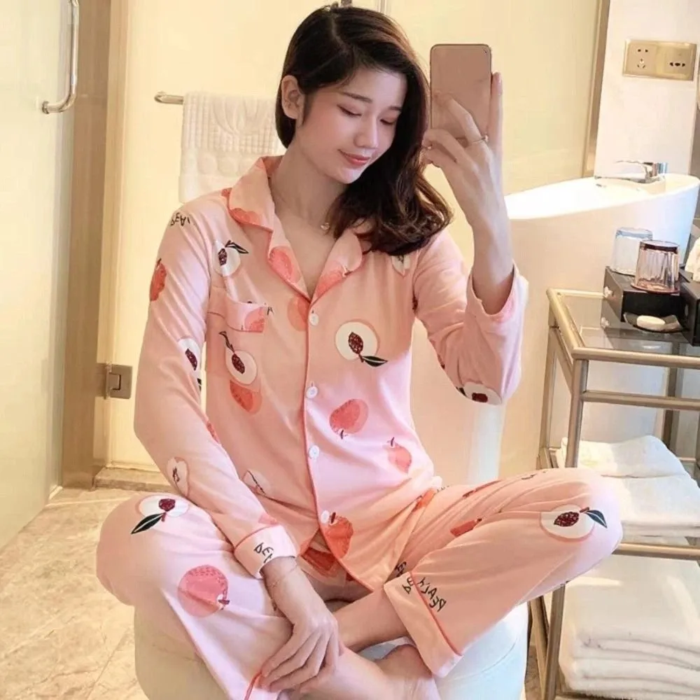 Long-Sleeved Women's Two-Piece Pajamas Large Size Cotton Material Homewear Suit Soft Fabric Loose Fit Maternity Pajamas