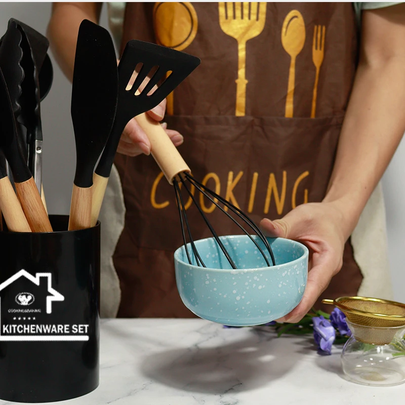 Food-grage silicone spatula soup spoon set wooden handle non stick household kitchenware cooking tool