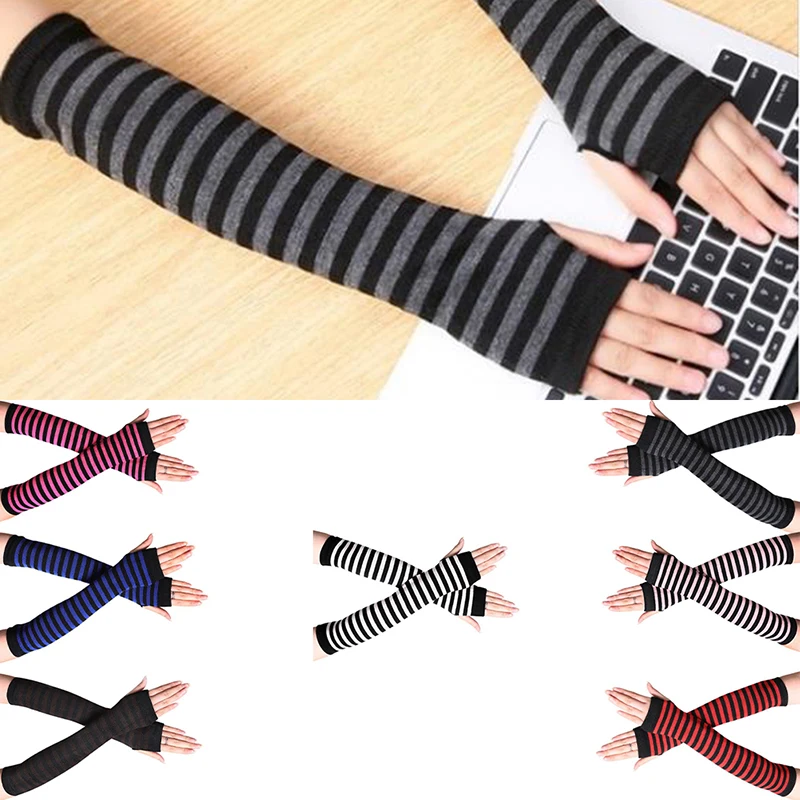 Fingerless Gloves Knitted Striped Warm Women Arm Warmer Long Gloves Protection Arm Sleeves