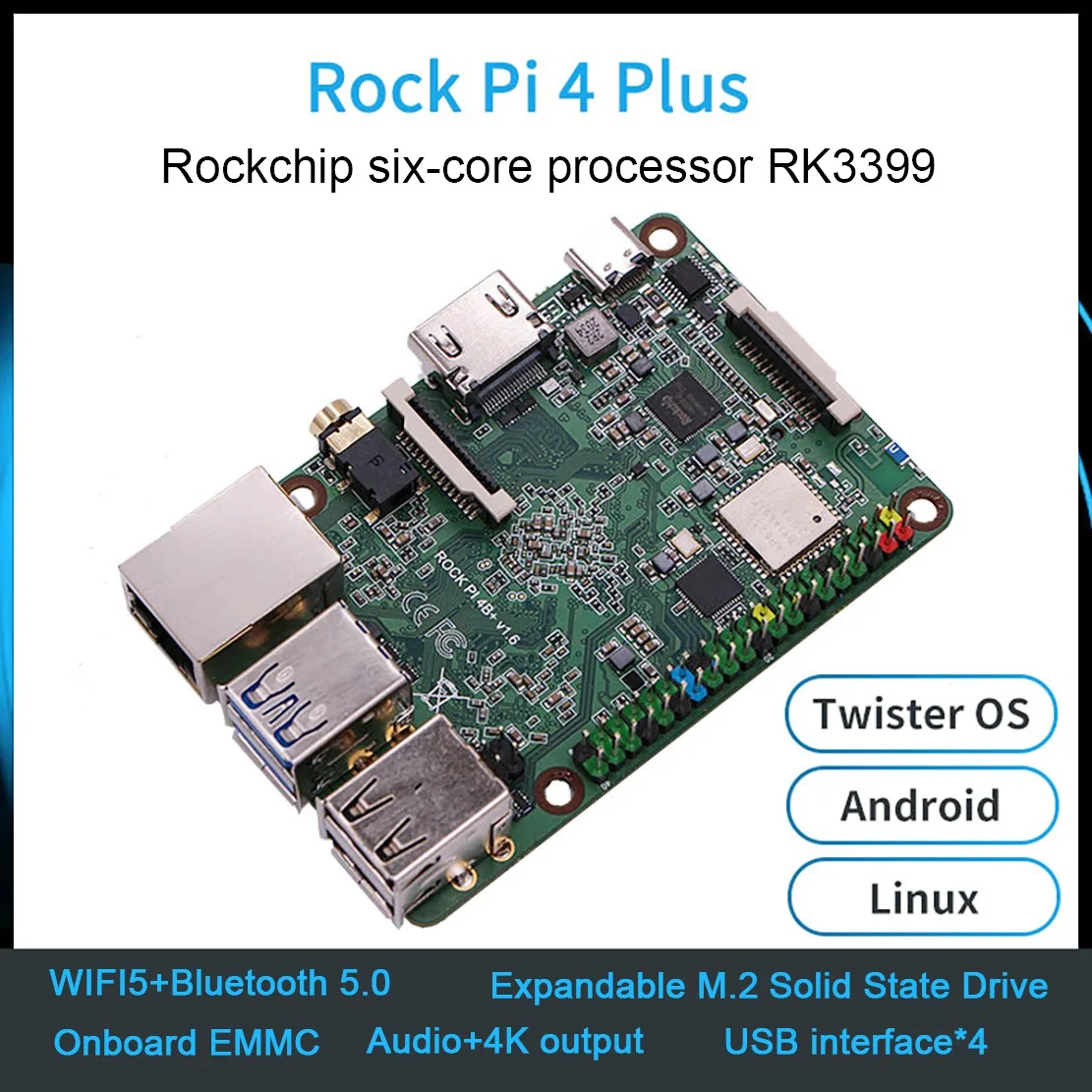 Rock Pi-4B + Plus  B  , RK3399  ھ 4 x USB SBC PC  , º WiFi  (2G + 16G)