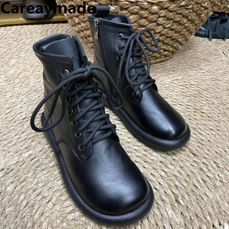 

Careaymade-Genuine Leather pure Pure handmade women's shoes,Retro flat sole zipper high quality single lining Casual short boots